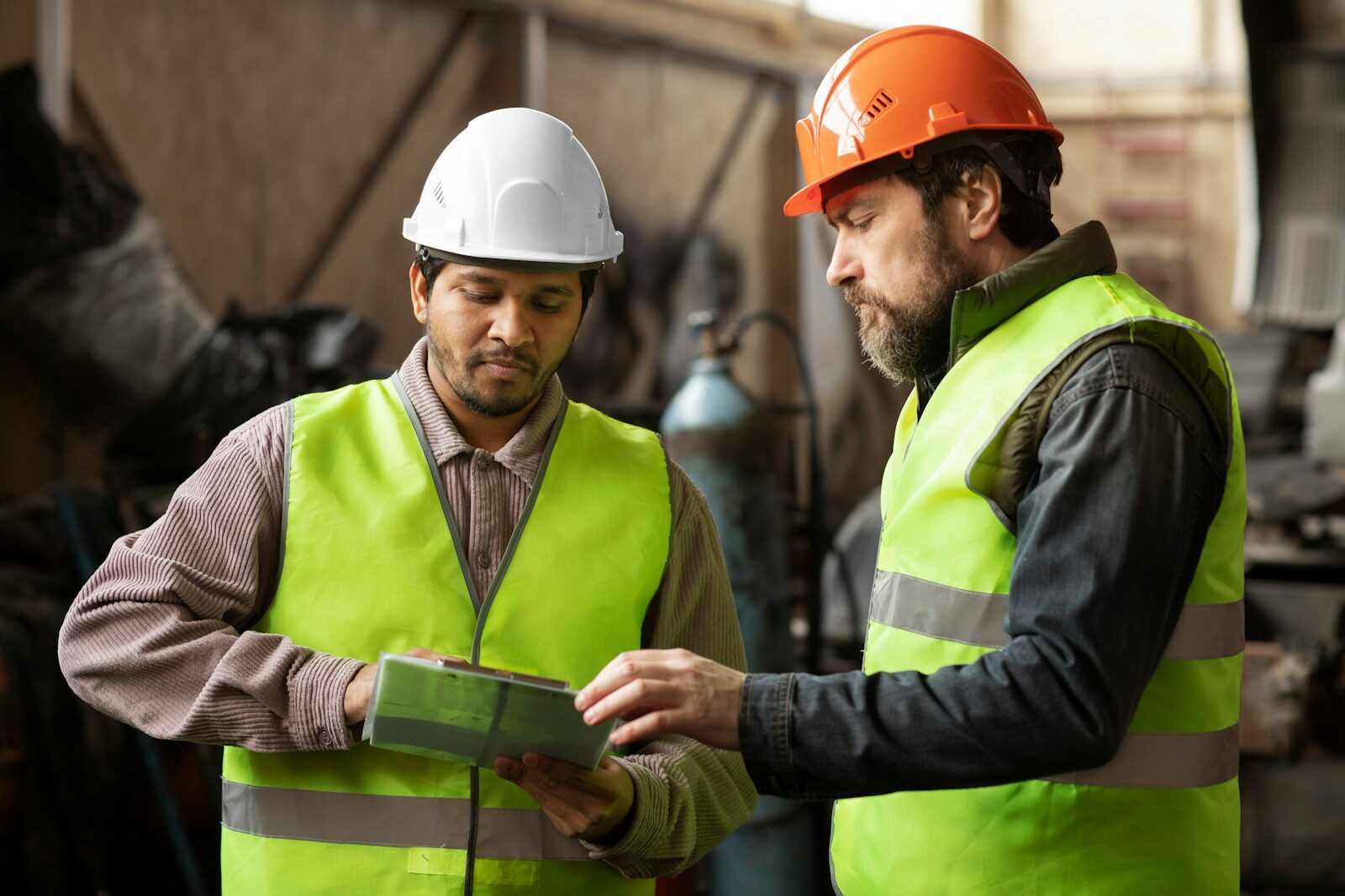 Two men wearing safety vests and hard hats